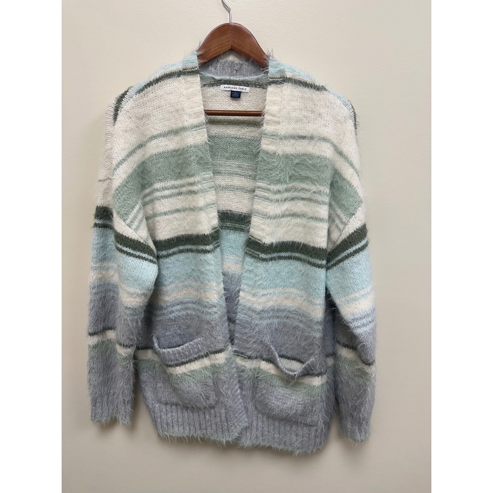 American Eagle Eyelash Knit Striped Open Front Cardigan Sweater Green Blue XS